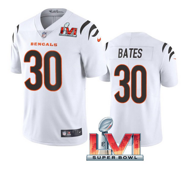 Men's Cincinnati Bengals #30 Jessie Bates 2022 White Super Bowl LVI Vapor Limited Stitched Jersey Men's Cincinnati Bengals #30 Jessie Bates 2022 White Super Bowl LVI Vapor Limited Stitched Jersey